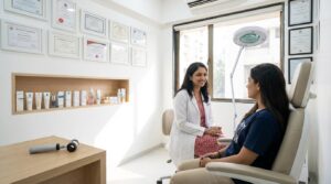 "Modern dermatology clinic in Navi Mumbai with a doctor consulting a patient in a clean professional setting
