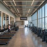Modern gym interior in Navi Mumbai with cardio and weight training equipment and city view windows
