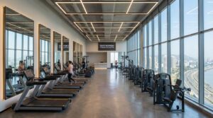 Modern gym interior in Navi Mumbai with cardio and weight training equipment and city view windows