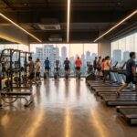 Modern gym interior in Navi Mumbai with fitness equipment, treadmills, and people working out in a well-lit training area