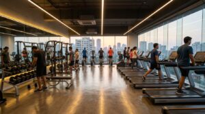 Modern gym interior in Navi Mumbai with fitness equipment, treadmills, and people working out in a well-lit training area