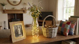 Home shelf with upcycled decor items including bottle vase with fairy lights newspaper basket painted cardboard frame and fabric cushion covers