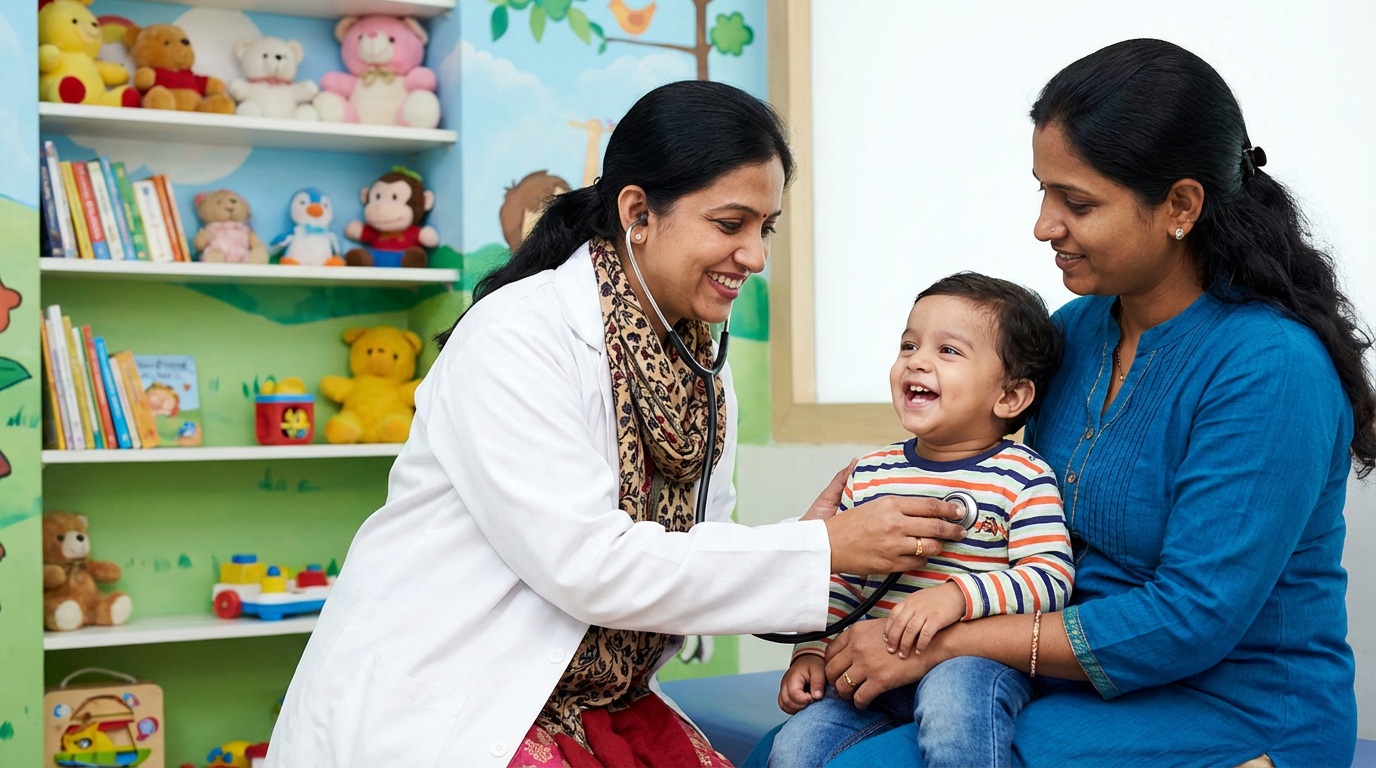 Paediatrician examining a child at a children's clinic in Navi Mumbai with colorful friendly interiors