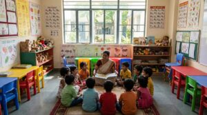 Cheerful preschool classroom in Navi Mumbai with young children and a teacher during a learning activity