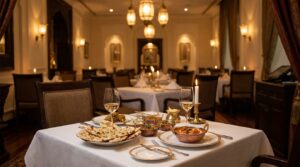 Elegant fine dining restaurant table with Indian cuisine dishes and warm ambient lighting in Navi Mumbai