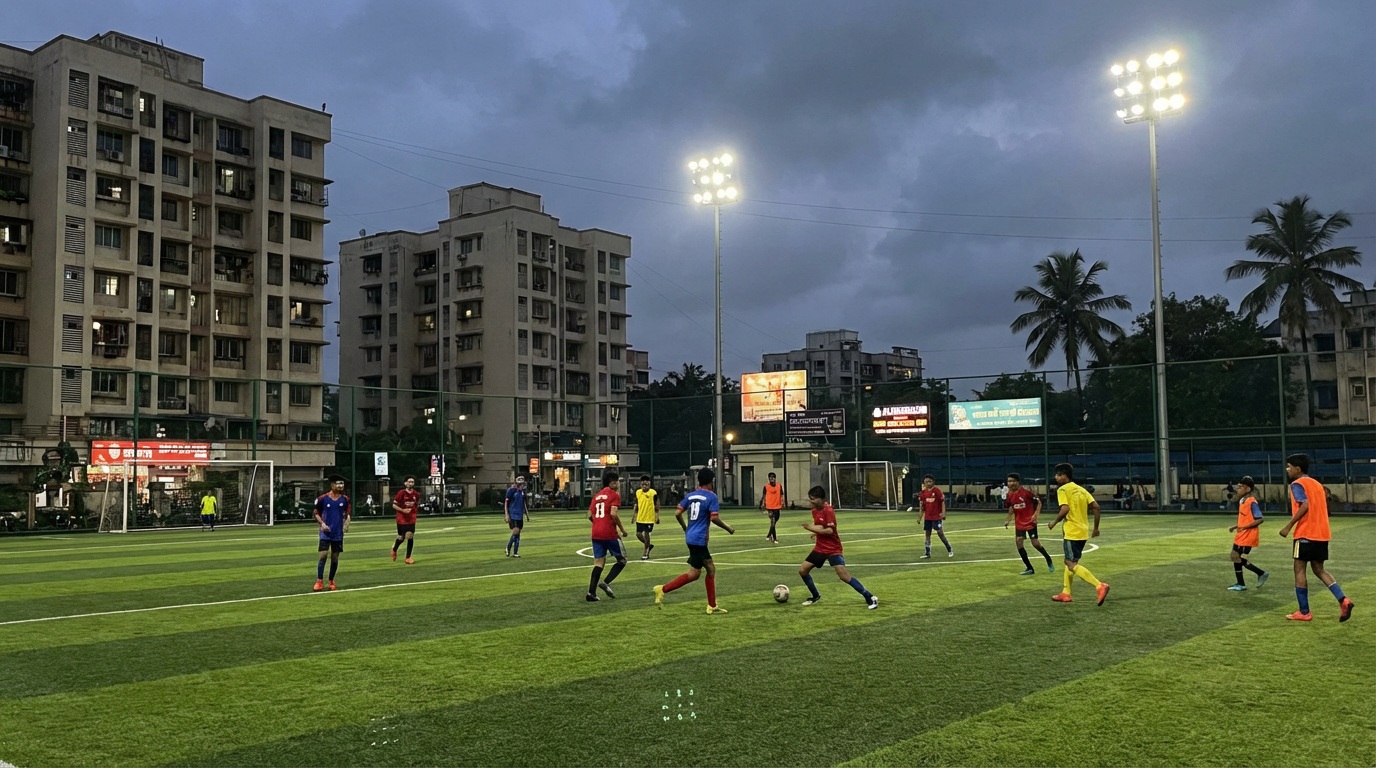Floodlit artificial turf sports ground in Navi Mumbai with players during an evening football match