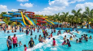 Colorful water park with slides and wave pool near Navi Mumbai with families enjoying a sunny day out