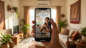 Smartphone showing trending Instagram reel of monthly budget breakdown with engagement metrics held against blurred Indian apartment background