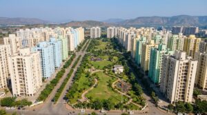 Aerial view of CIDCO residential apartment buildings in Navi Mumbai with green spaces and urban infrastructure