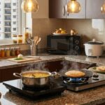 Indian kitchen with induction cooktop, microwave, rice cooker and air fryer cooking dal and roti without gas stove