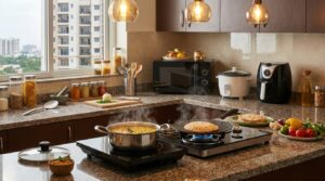 Indian kitchen with induction cooktop, microwave, rice cooker and air fryer cooking dal and roti without gas stove