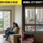 Split screen comparison of affordable Navi Mumbai apartment with green views versus compact Mumbai apartment with dense city views
