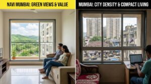 Cost of living in Navi Mumbai vs Mumbai 2026 comparison - affordable apartment with green views vs compact city living