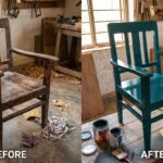Before and after comparison of old wooden chair restoration showing scratched original and freshly painted teal result in Indian workshop