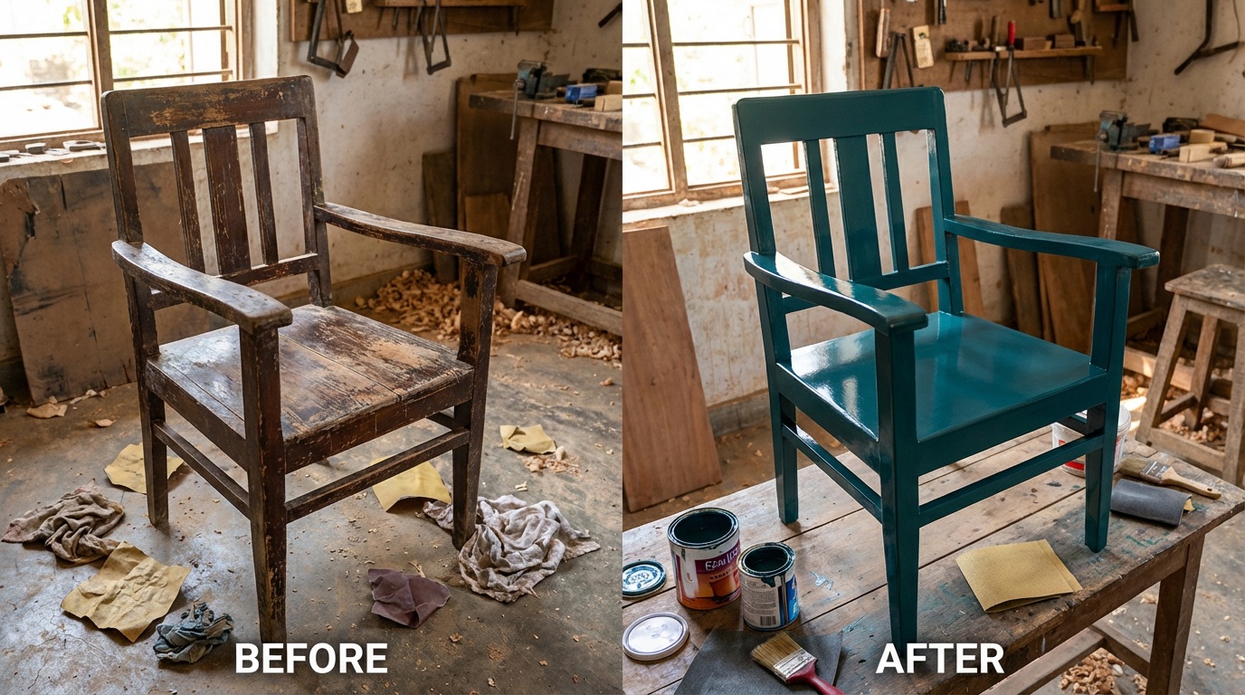 DIY home repair restoration: before and after comparison of old wooden chair showing scratched original and freshly painted teal result for Indian homes