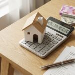 Home loan EMI calculator concept with house model, calculator, and Indian rupee notes on a desk