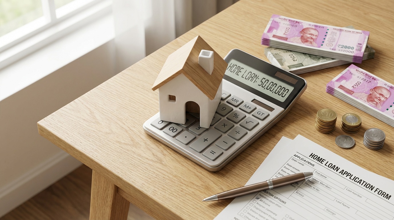 Home loan EMI calculator concept with house model, calculator, and Indian rupee notes on a desk
