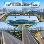 Multiple transport modes including train metro bus and taxi converging toward Navi Mumbai Airport terminal