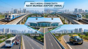 Multiple transport modes including train metro bus and taxi converging toward Navi Mumbai Airport terminal