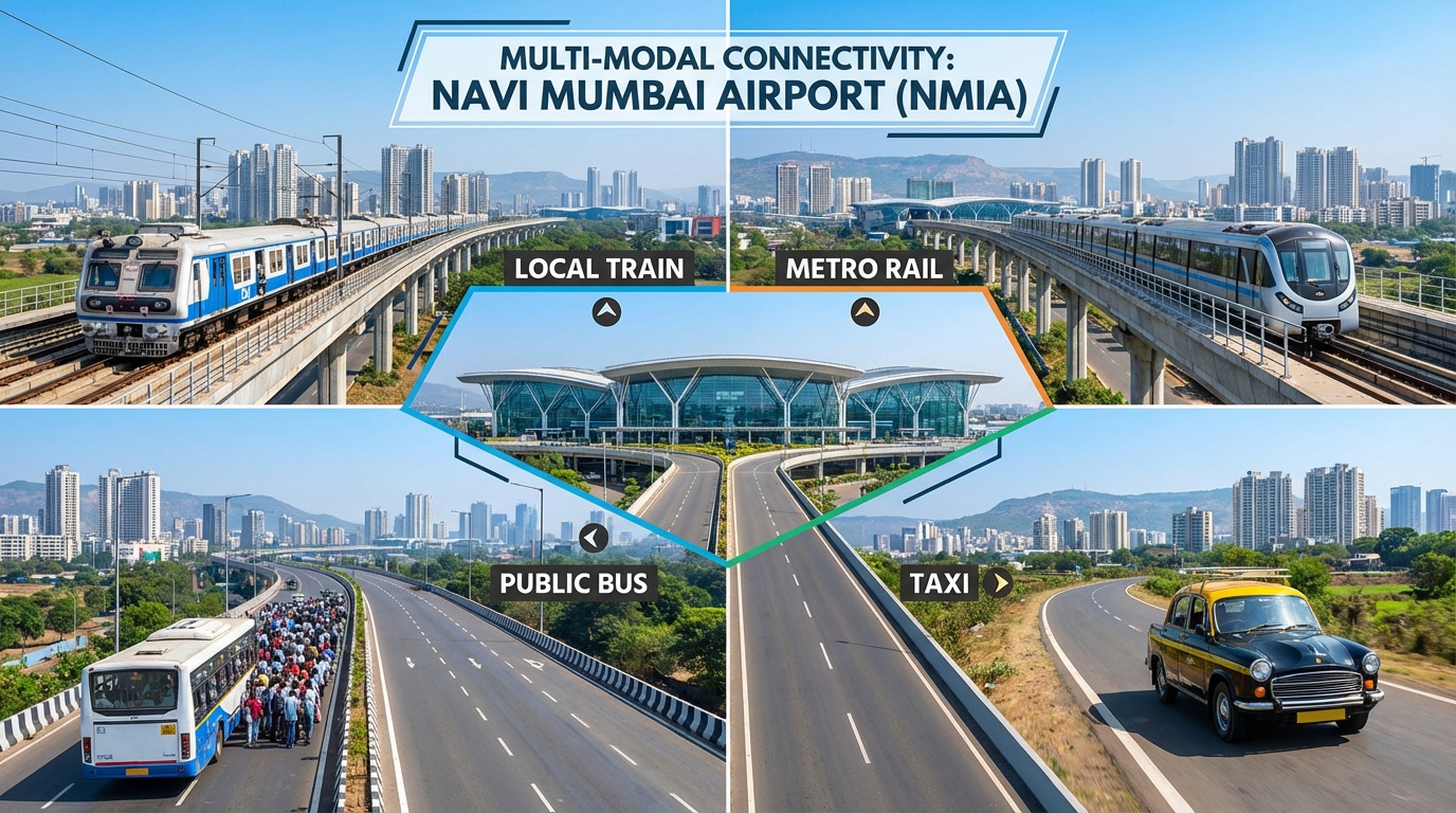 How to reach Navi Mumbai Airport – transport options showing local train, metro rail, public bus and taxi converging at NMIA terminal