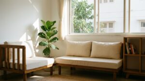 Clean minimalist Indian living room with low wooden sofa indoor plant small bookshelf and morning sunlight through large window