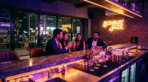 Stylish lounge bar in Navi Mumbai with ambient lighting, cocktails on the counter, and a lively evening crowd