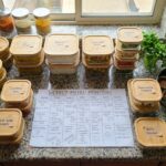 Top view of Indian weekly meal prep with labeled glass containers of dal rice sabzi paneer and handwritten meal plan on kitchen counter