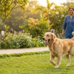 Happy dog playing in a green park in Navi Mumbai with pet owners and walking paths in the background