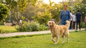 Happy dog playing in a green park in Navi Mumbai with pet owners and walking paths in the background