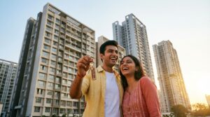 Young couple holding house keys in front of new residential apartment building in Navi Mumbai under PMAY scheme