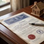 Property registration document with official stamps, house model and calculator on desk representing stamp duty charges in Navi Mumbai