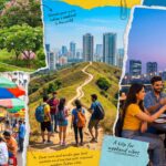 Collage of weekend activities in Navi Mumbai showing parks, street food, hill trekking and rooftop dining