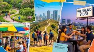 Collage of weekend activities in Navi Mumbai showing parks, street food, hill trekking and rooftop dining