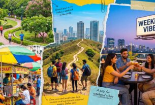 Collage of weekend activities in Navi Mumbai showing parks, street food, hill trekking and rooftop dining