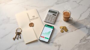 Investment planning flatlay showing property keys and financial tools for Navi Mumbai 2026