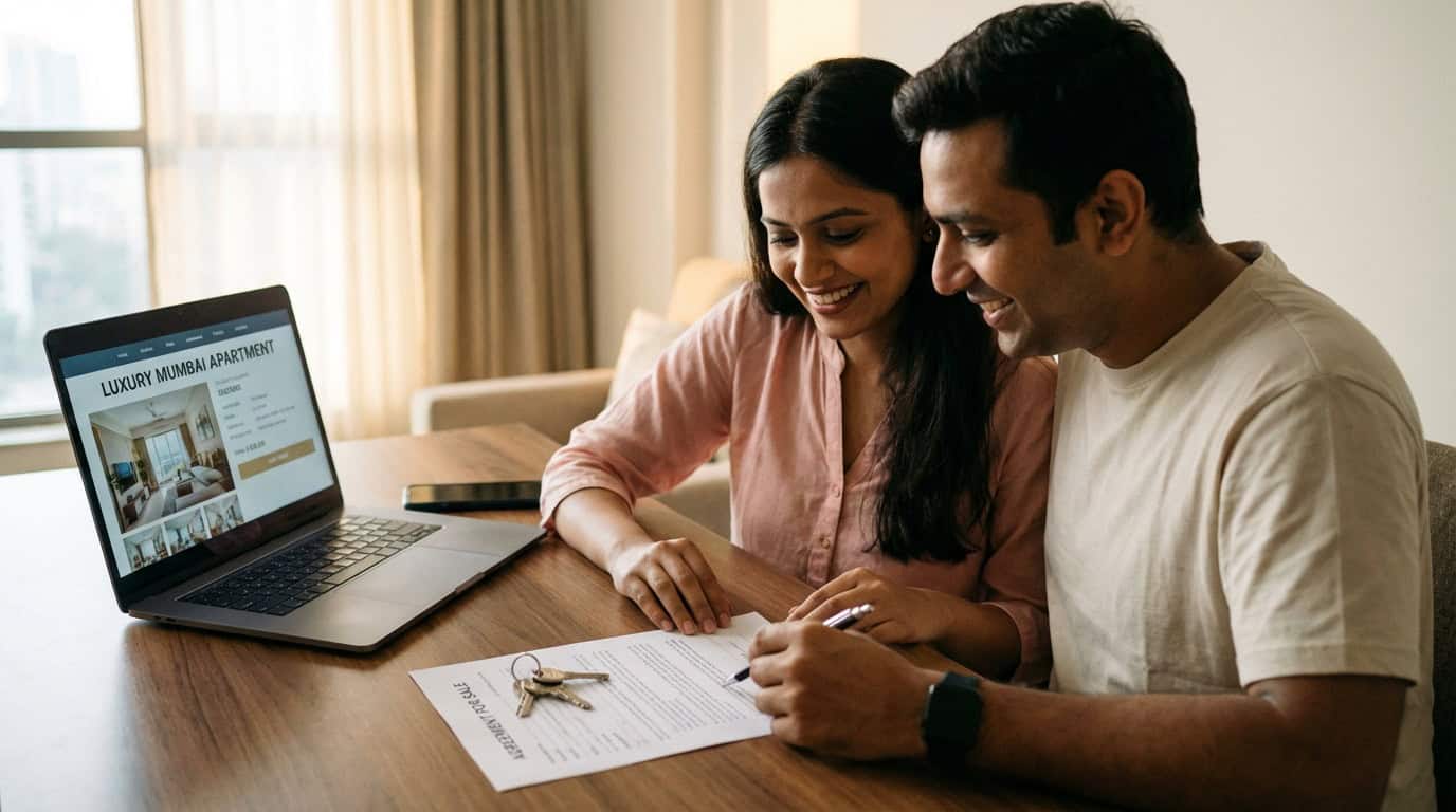 Couple reviewing flat buying documents and property agreement for a Navi Mumbai apartment purchase