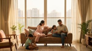 Indian family of four at home in Navi Mumbai planning health insurance cover for 2026