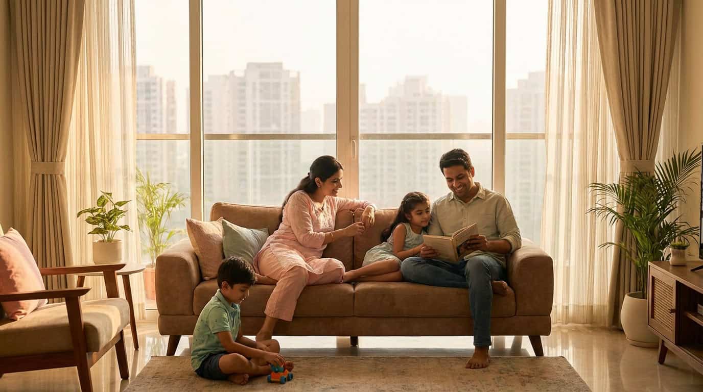 Indian family of four at home in Navi Mumbai planning health insurance cover for 2026