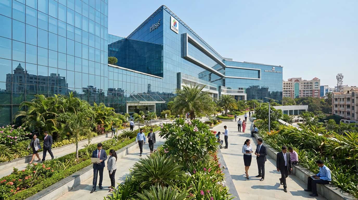 Modern IT tech park building in Navi Mumbai with professionals and landscaped corporate campus