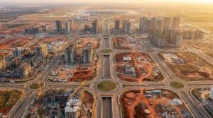 Aerial view of NAINA City development near Navi Mumbai International Airport showing planned infrastructure and construction progress
