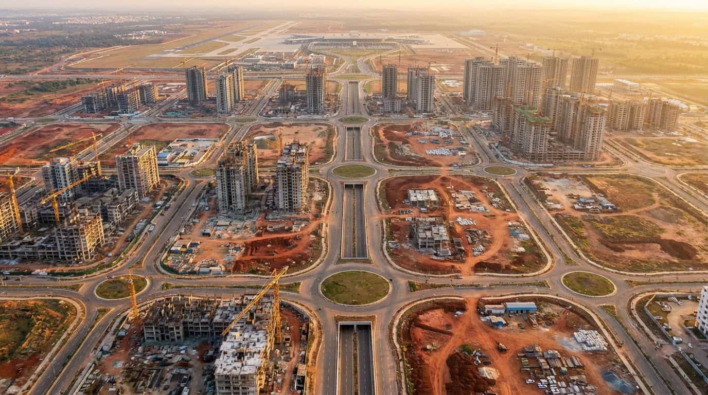 Aerial view of NAINA City development near Navi Mumbai International Airport showing planned infrastructure and construction progress