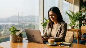 Digital nomad working remotely from a modern cafe in Navi Mumbai 2026