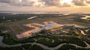 Aerial view of Navi Mumbai International Airport terminal at sunset in 2026