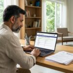 Person paying NMMC property tax online through laptop with property documents and calculator on desk in Navi Mumbai