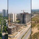 Comparison aerial view of Panvel, Kharghar and Taloja residential areas in Navi Mumbai showing different stages of development