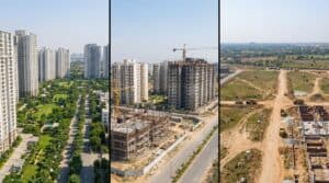 Comparison aerial view of Panvel, Kharghar and Taloja residential areas in Navi Mumbai showing different stages of development