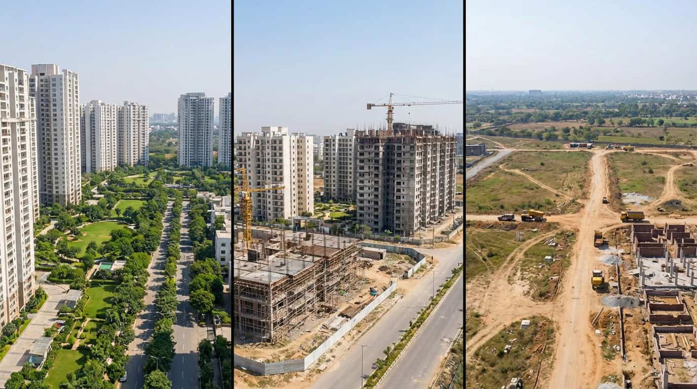 Comparison aerial view of Panvel, Kharghar and Taloja residential areas in Navi Mumbai showing different stages of development