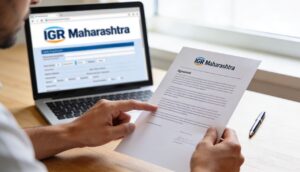 Landlord and tenant reviewing a rent agreement for online registration in Maharashtra