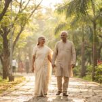 Indian senior couple walking together through a peaceful park in Navi Mumbai