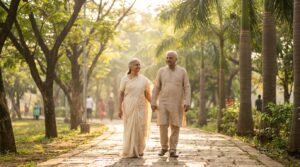 Indian senior couple walking together through a peaceful park in Navi Mumbai